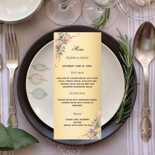 Gold yellow florals ribbon  wedding anniversary menu (Creator Uploaded)