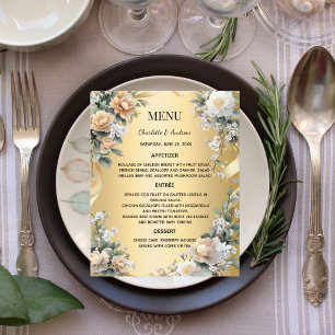 Gold yellow florals wedding anniversary menu card