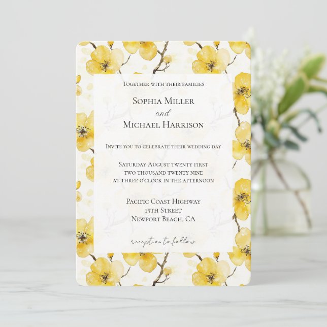 Gold Yellow Flowers Wedding Invitation (Standing Front)