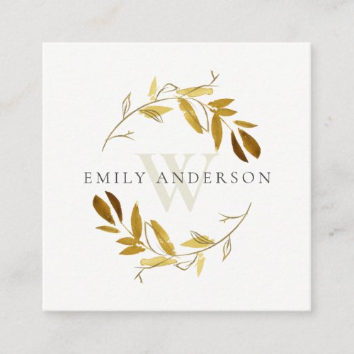 GOLD YELLOW FOLIAGE INITIAL WREATH PROFESSIONAL SQUARE BUSINESS CARD