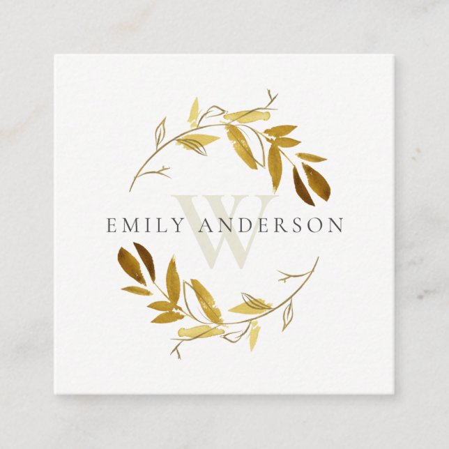 GOLD YELLOW FOLIAGE INITIAL WREATH PROFESSIONAL SQUARE BUSINESS CARD (Front)