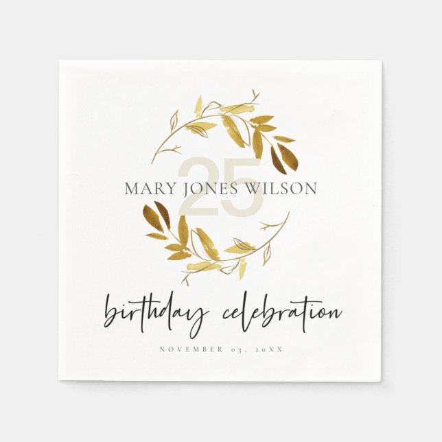 GOLD YELLOW FOLIAGE WREATH ANY AGE 25TH  BIRTHDAY NAPKINS (Front)