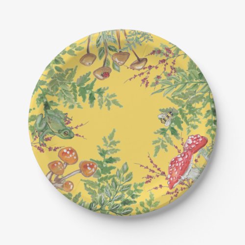 Gold Yellow Forest Frog Bee Mushroom Rustic Picnic Paper Plates