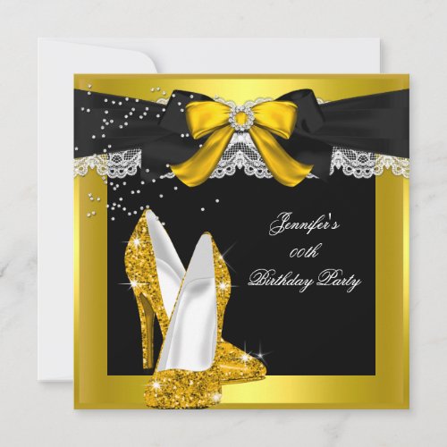 Gold Yellow Glitter High Heel Shoe Birthday Party Invitation