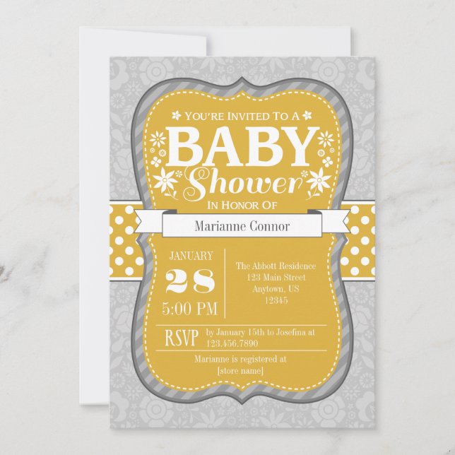 Gold Yellow Gray Floral Flower Baby Shower Invite (Front)