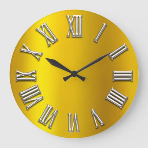 Gold Yellow Gray Metal Grey Silver Roman Number Large Clock