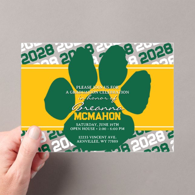 Gold Yellow & Green Graduation Pawprint Frosted Acrylic Invitations (Insitu (Handheld))