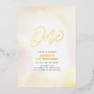 Gold & Yellow Heart One 1st Birthday Party Foil Invitation