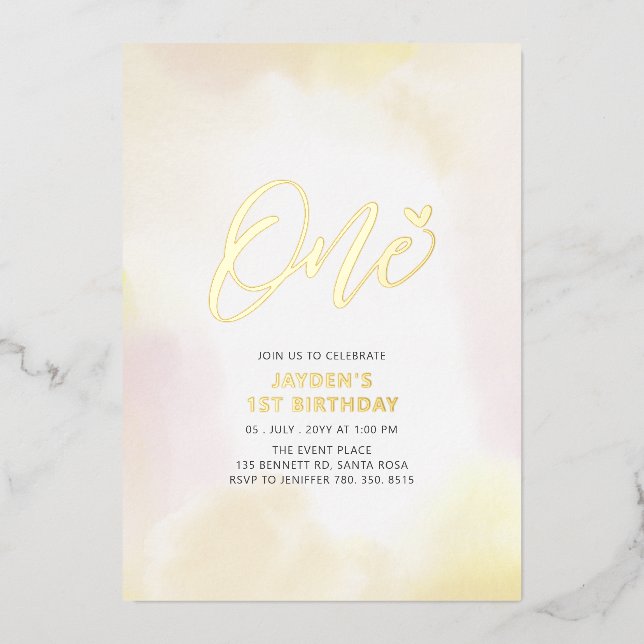 Gold & Yellow Heart One 1st Birthday Party Foil Invitation (Front)