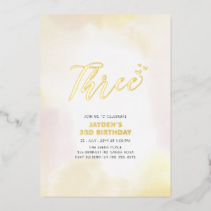 Gold & Yellow Heart Three 3rd Birthday Party Foil Invitation
