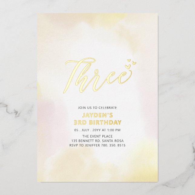Gold & Yellow Heart Three 3rd Birthday Party Foil Invitation (Front)