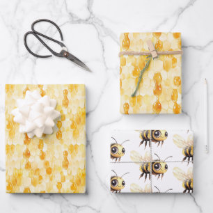 Gold Yellow Honey Bees Birthday Wrapping Paper Sheets