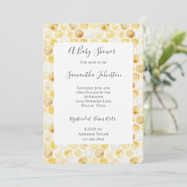 Gold Yellow Honeycomb Baby Shower Invitation (Standing Front)