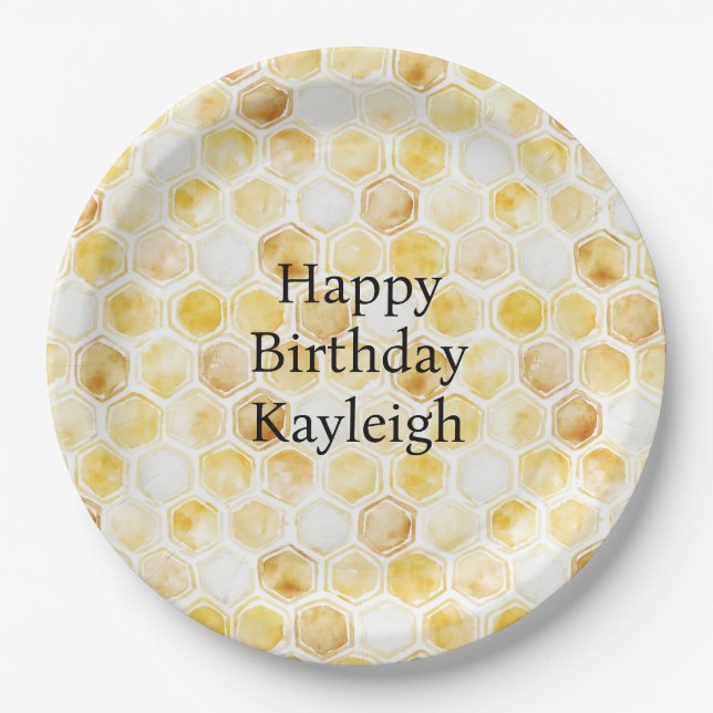 Gold Yellow Honeycomb Birthday Paper Plates (Front)