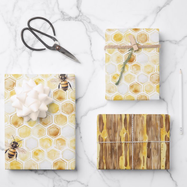 Gold Yellow Honeycomb Birthday Wrapping Paper Sheets (Front)