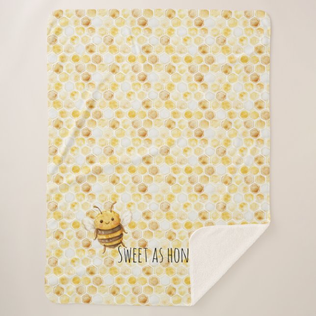Gold Yellow Honeycomb Sweet Cute Honey Bee Sherpa Blanket (Front)