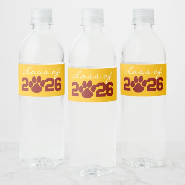 Gold Yellow & Maroon Paw Print Graduation Water Bottle Label (Bottles)