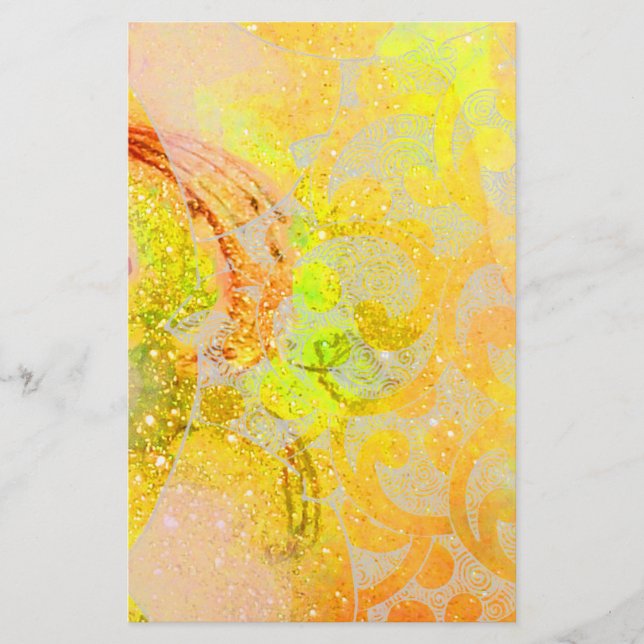 GOLD YELLOW ORANGE ABSTRACT WAVES, FLORAL SWIRLS STATIONERY (Front)