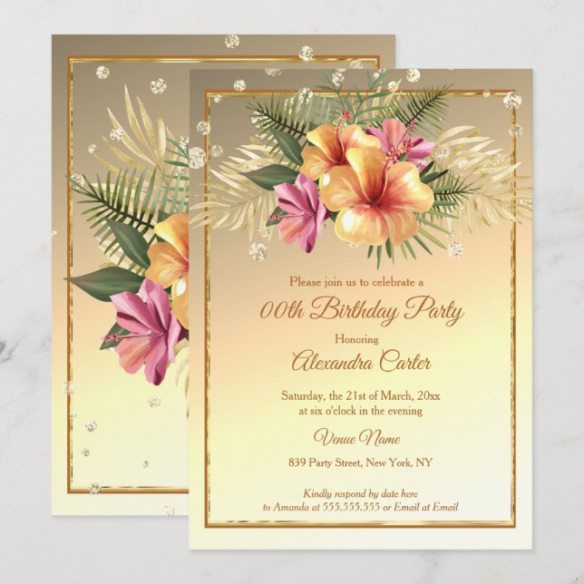 Gold yellow Pink Sepia Hibiscus Birthday Party Invitation (Front/Back)