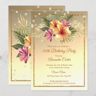 Gold yellow Pink Sepia Hibiscus Birthday Party Invitation