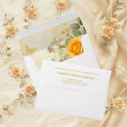 Gold Yellow Rose 50 Wedding Anniversary Invitation Envelope