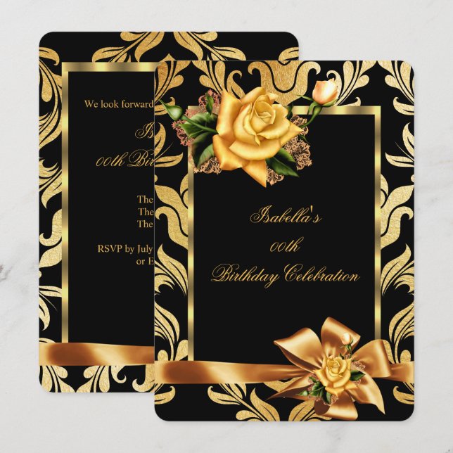 Gold Yellow Rose Bow Black Damask Birthday Party Invitation (Front/Back)