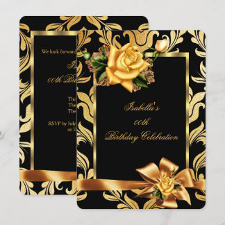 Gold Yellow Rose Bow Black Damask Birthday Party Invitation