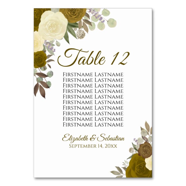 Gold & Yellow Roses Elegant Wedding Seating Chart Table Number (Front)