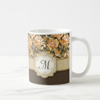 Gold Yellow Roses on Brown with Monogram Coffee Mug