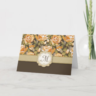 Gold Yellow Roses on Brown with Monogram Note Card