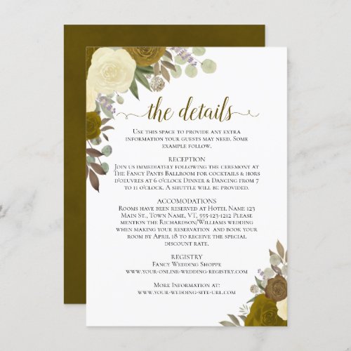 Gold  Yellow Roses Rustic Boho Wedding Details Enclosure Card