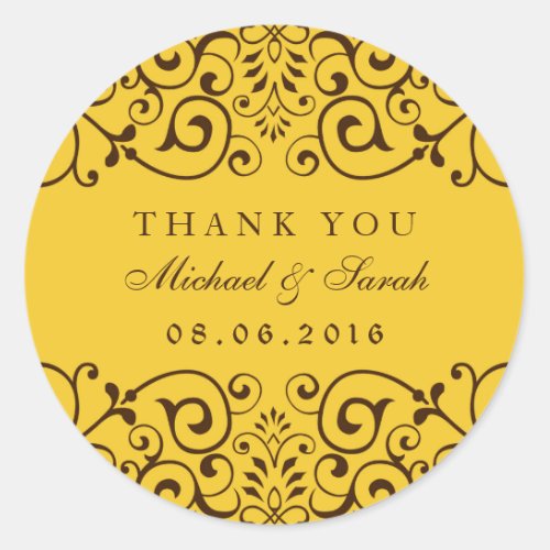 Gold Yellow Vintage Swirl Floral Thank You Sticker