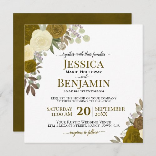 Gold  Yellow Watercolor Roses Elegant Wedding Invitation