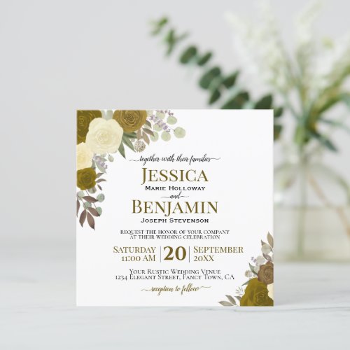 Gold  Yellow Watercolor Roses Elegant Wedding Invitation