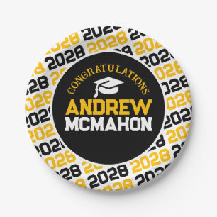 Gold Yellow, White & Black Graduation Personalized Paper Plates