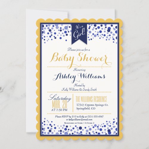 Gold Yellow White  Navy Blue Baby Shower Invitation