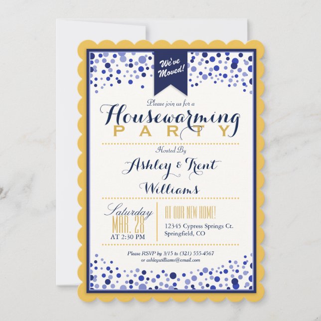 Gold Yellow, White, Navy Blue Housewarming Party Invitation (Front)