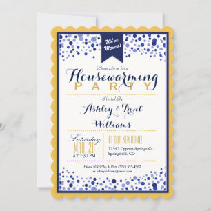Gold Yellow, White, Navy Blue Housewarming Party Invitation