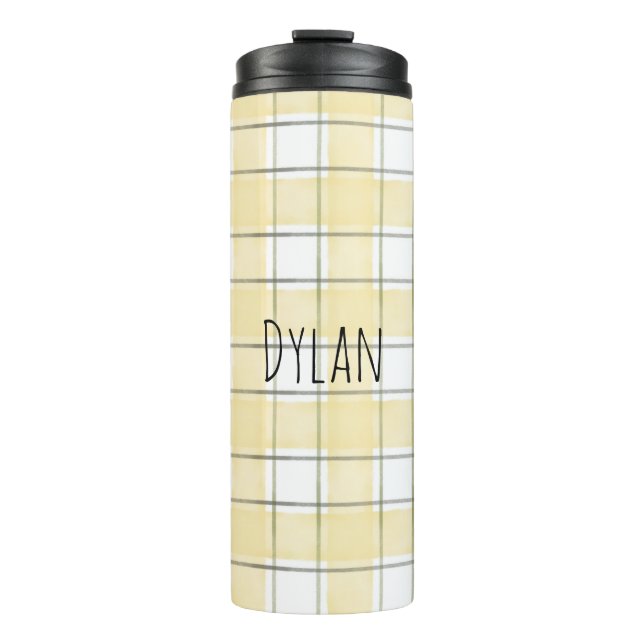 Gold Yellow White Plaid Stripes Thermal Tumbler (Front)