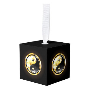 Gold Yin Yang on black Cube Ornament