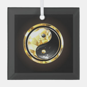 Gold Yin Yang on black Glass Ornament