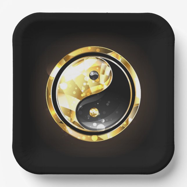 Gold Yin Yang on black Paper Plates (Front)