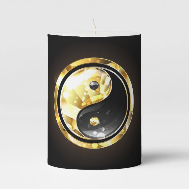 Gold Yin Yang on black Pillar Candle (Front)