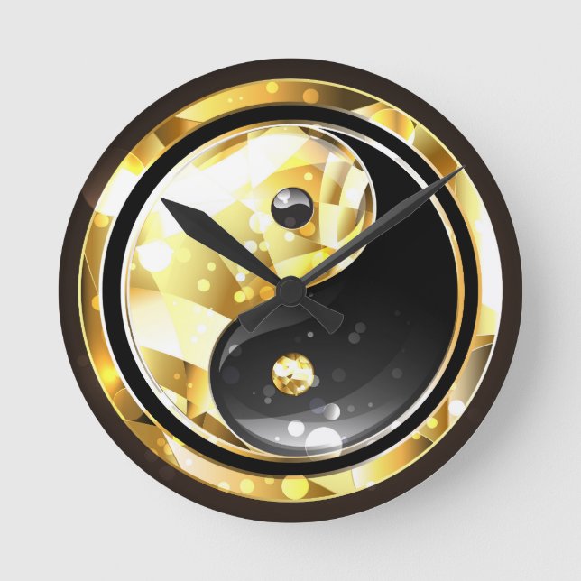 Gold Yin Yang on black Round Clock (Front)