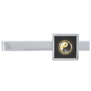 Gold Yin Yang on black Silver Finish Tie Bar