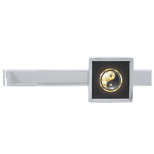 Gold Yin Yang on black Silver Finish Tie Bar (Front)