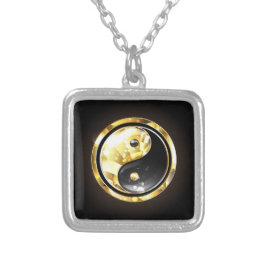 Gold Yin Yang on black Silver Plated Necklace