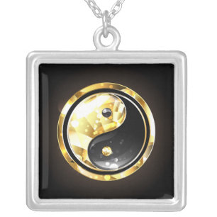 Gold Yin Yang on black Silver Plated Necklace