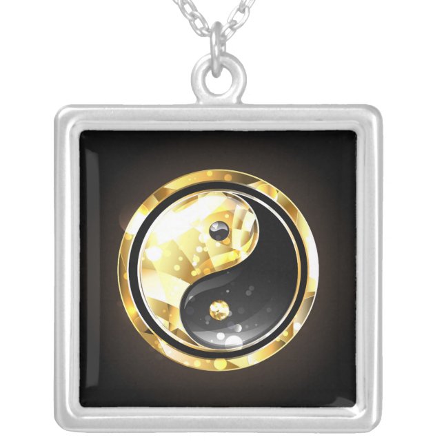 Gold Yin Yang on black Silver Plated Necklace (Front)