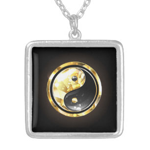 Gold Yin Yang on black Silver Plated Necklace